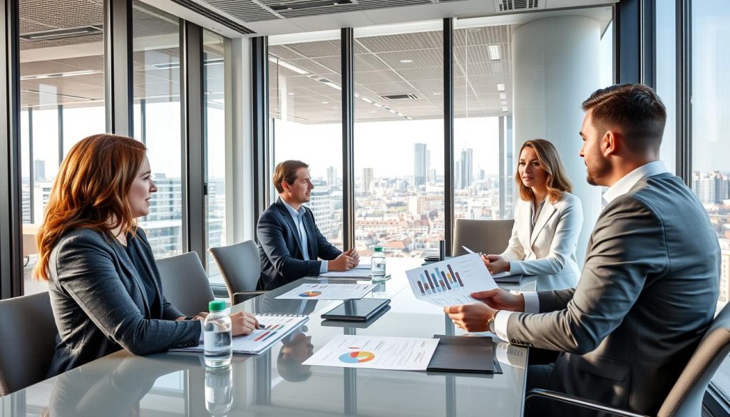 Business consultant meeting with clients in Luxembourg discussing international strategy