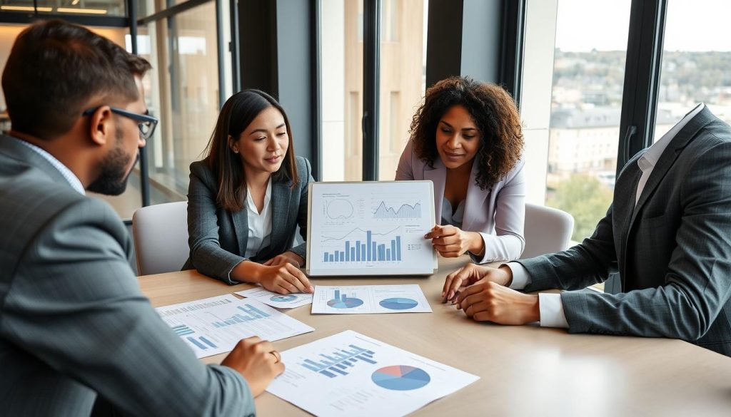 Entrepreneur analyzing business opportunities in Luxembourg with financial charts and laptop