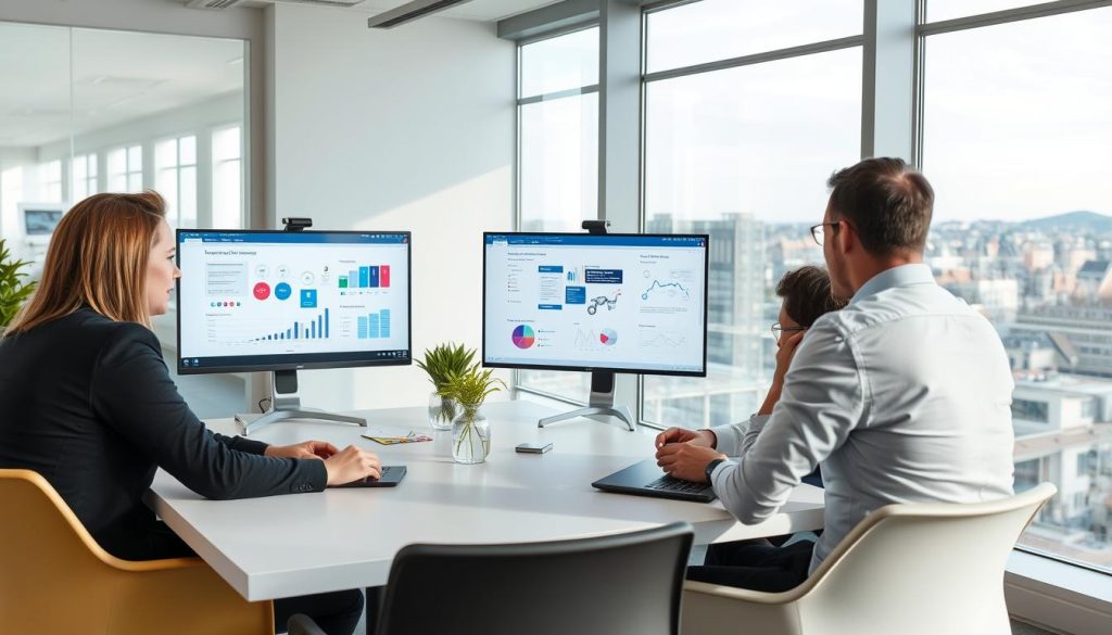 IT consultant meeting with clients in Luxembourg office discussing digital solutions