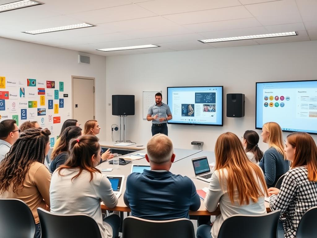 Language school in Luxembourg with diverse students learning in modern classroom