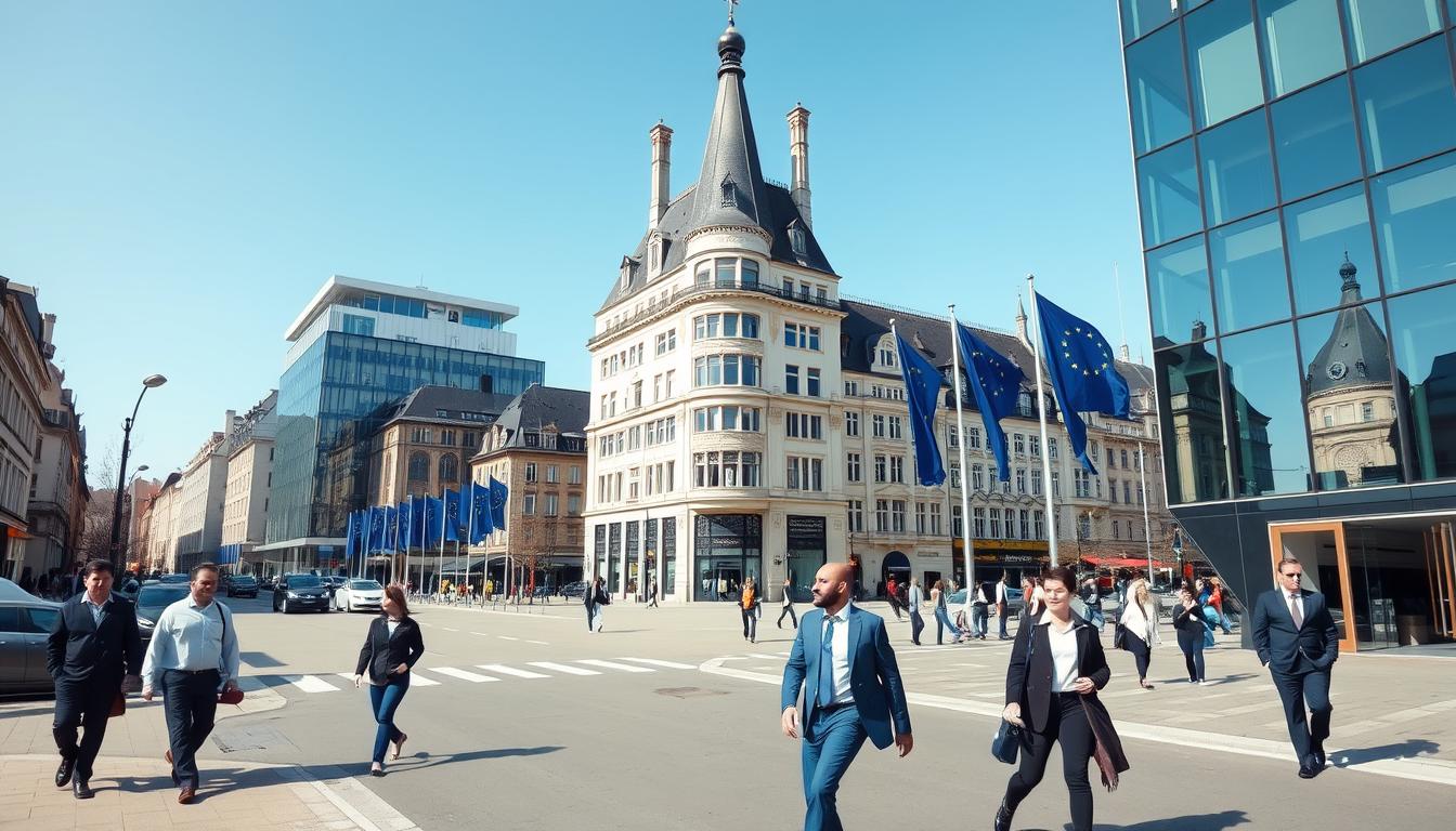 Luxembourg city business district with modern buildings representing small business ideas in Luxembourg for foreigners