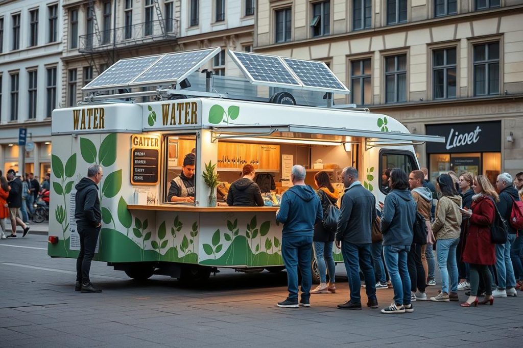 Sustainable food truck in Luxembourg serving customers with eco-friendly packaging